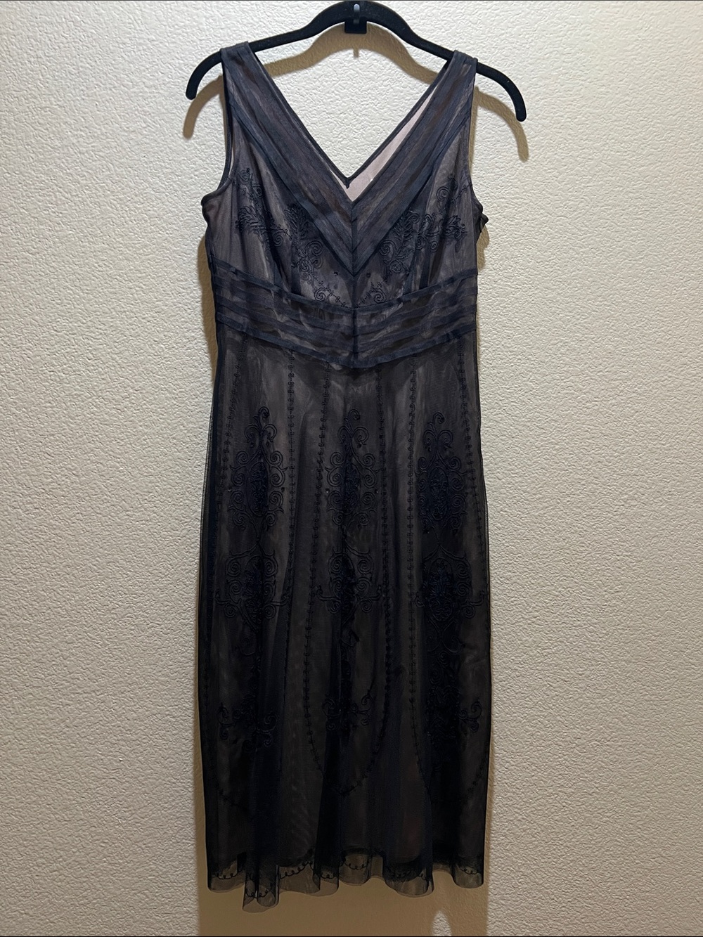 LOFT Black Sleeveless V-Neck Embroidered Midi Dress